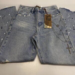 Birth Of Royal Child Men's Distressed Jeans Blue Size S – Chain Ink Print & Fray